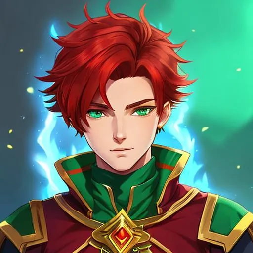 Prompt: A cute genasi male mage, he has dark brown skin, fire red hairs and emerald green eyes.
He wears a blue tunic and some gold Jewelry 
Well draw face, detailed.
D&d art, rpg art, 2d art 