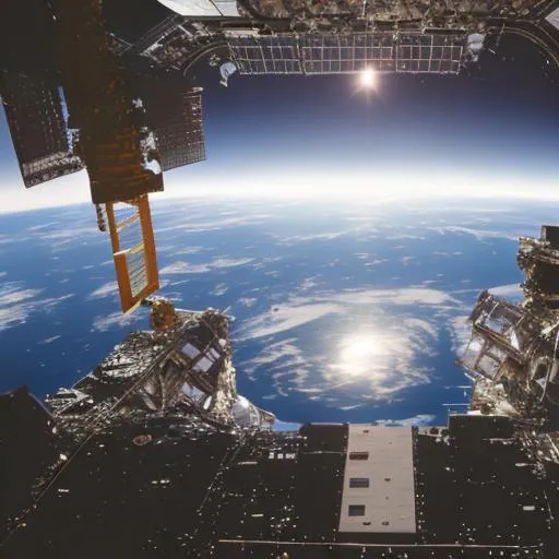 Prompt: Astronauts sitting on a space station watch the world split in two
