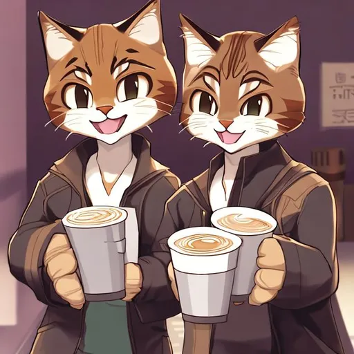 Prompt: two anime bobcats holding coffee