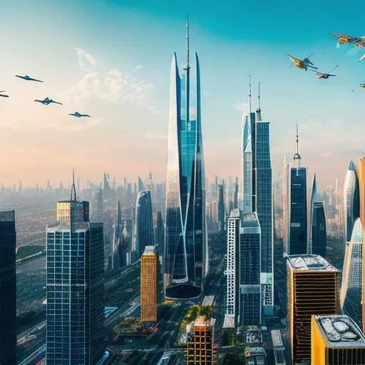 Prompt:  An image of a futuristic city, with flying cars and towering skyscrapers