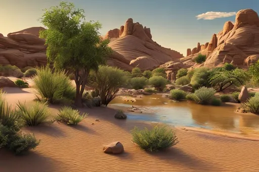 Prompt: a small oasis with a river in a big desert, 8K, high resolution, highly detailed, intricate detail, sharp focus, photorealistic. 