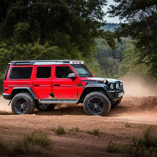 Prompt: Mercedes g-wagen 6x6 in red, offroading on hard course, cinematic lighting, mist in background