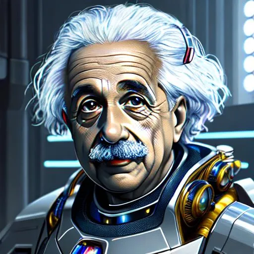 Prompt: create most beautiful photograph of most beautiful fictional, Albert Einstein as robot, royal, futurism, extremely, detailed environment, detailed background, intricate, detailed skin, natural colors , professionally color graded, photorealism, 8k, moody lighting.