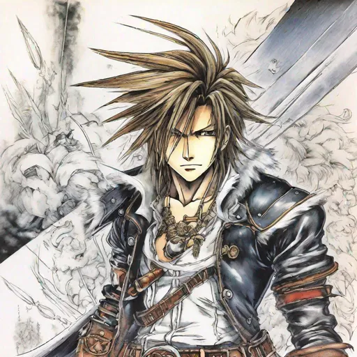 Prompt: Squall Leonheart In The style of Yoshitaka Amano