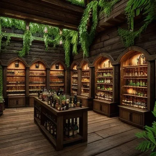 Prompt: beautiful potion shop in a lush forest, dark, alchemy, glass bottles, highly detailed, 4k realistic, cryengine