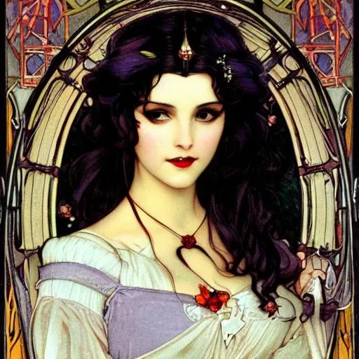 Prompt: Snow White as a vampire queen, long curly hair, intricate, elegant, highly detailed, extremely detailed, HD, digital painting, smooth, sharp focus, illustration, art by alphonse mucha and John William Waterhouse, dark, eerie, gothic, creepy, horror