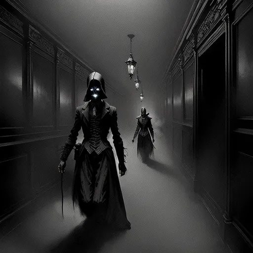 Prompt: black smoke-like figures wandering in a dark corridor, intricate scene, dreadful, dark, victorian, enhanced facial details, concept art trending on artstation