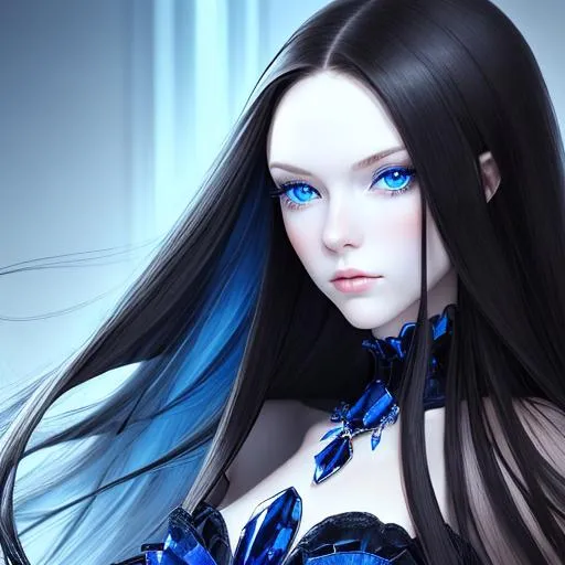 Prompt: Woman with long straight dark hair, blue eyes,  pretty makeup, stylish clothes, sapphire jewelry, facial closeup