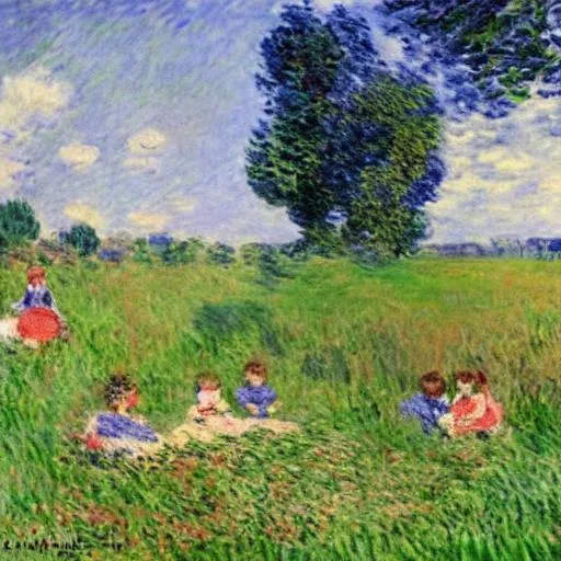 Prompt: A view of a picknick. Playing children. Green grass. It's a sunny day. monet style
