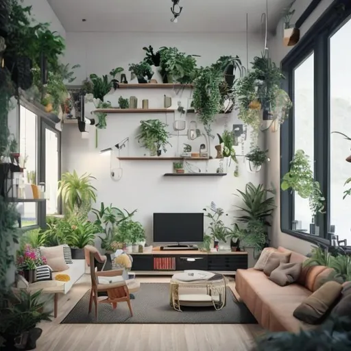 Prompt: a living room with a sofa and a tv, also needs plants, lamps, and a ps5
4k rendering
