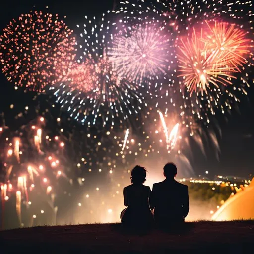 Prompt: Two shadows of two people sitting on a large hill at night looking at fireworks and there kissing. With stars shing brightly in the sky and the moon with some clouds. With the view of a festival down below them.