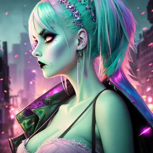 Prompt: pixar style painting of a beautiful zombie woman, pale green skin, pastel pink and blue hair, goth clothing, sneering, furrowed brow, furious, nighttime, post apocalyptic city street, fireballs, ruins, trash, galaxy, soft light, muted color scheme, art, painting, fireflies