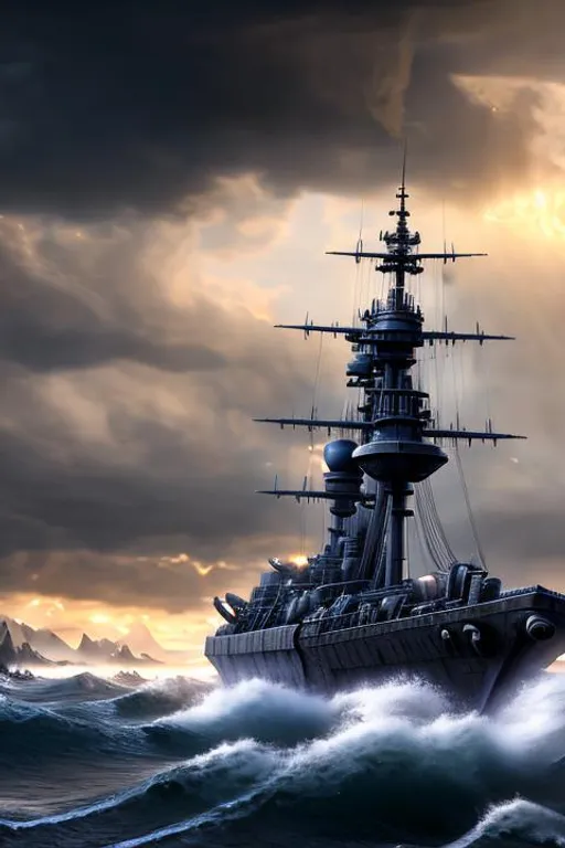 Prompt: A real photographic landscape painting with incomparable reality, Photo of a ultra realistic war ship, dramatic light, hires detailed, ultra-detailed, (night, (rainstorm), (realistic waves)), cinematic lighting, battered, dynamic angle, trending on artstation, 4k, hyper realistic, focused, extreme details, unreal engine 5, cinematic, masterpiece, art by studio ghibli,  artstation --ar 16:9