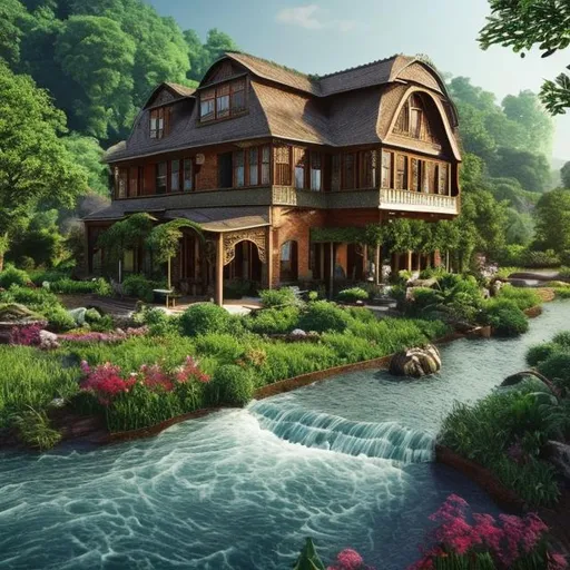 Prompt: Nature Background with greenery, Flowing Water in Somewhere, A Beautiful Farm House, Highly Detailed, Hyper Realistic, 8K