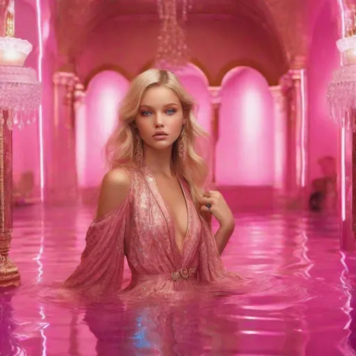 Prompt: an pretty girl blonde hair blue eyes she is super rich she has a beautiful body She Wears Gucci pink she's getting in a Gucci Rich Golden sitting on pink glowing water in make up pretty face and good hands
