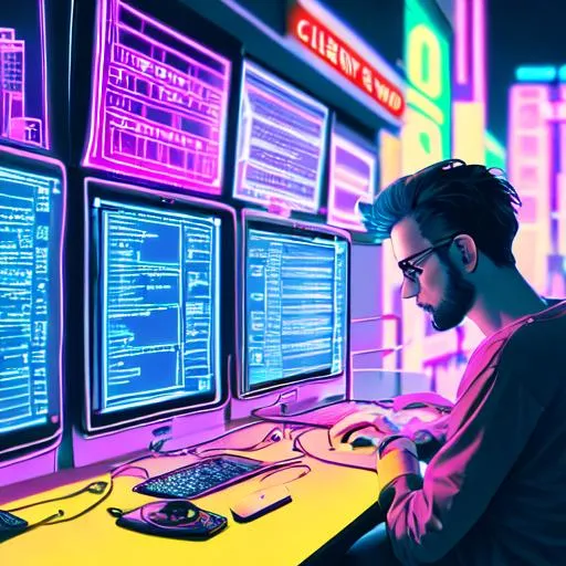 Prompt: a man coding in a neon city