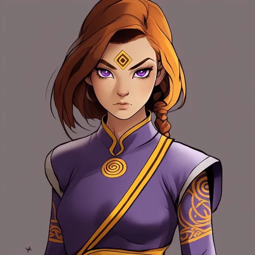 Prompt: Avatar: The Last Airbender oc. The Daughter of an Airbender and scottich woman. She has auburn hair and is filled with vengence. Celtic tattoo, purple and yellow outfit, anime style. Atla. Airbender, grey eyes