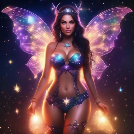 Prompt: A full body image of a stunningly beautiful, hyper realistic, buxom woman with bright eyes wearing a sparkly, glowing, skimpy, sheer, fairy, witches outfit on a breathtaking night with stars and colors with glowing sprites flying about.