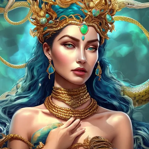 Prompt: A snake queen in human form,divine beauty on her face like goddess, golden bracelet on wrist,a queen's golden crown on her head embeded by blue opal,blue silky hair,breast covered with blue textured fancy cloth,image background in blue-green abstract,,earings with green opal,Ocean color attractive eyes