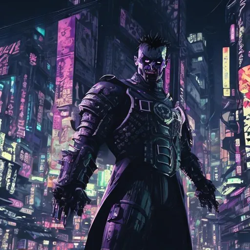 Prompt: Original villain.  Brawn. Sinister. Unique.. quirky. Magic. Very Dark image with lots of shadows. Background partially destroyed neo Tokyo. Noir anime. Gritty. Dirty. Black with random neon accents. Holographic armour. Bionic enhancements. 