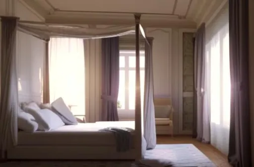 Prompt: four poster bed, girl's bedroom, lace curtains, victorian, wide open terrace windows, full moon, moonlight, diffused light, fantasy, ultra-detailed, 4k