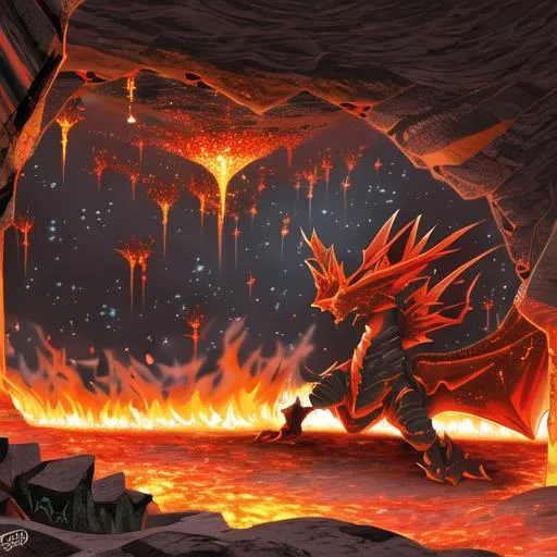Prompt: A lava dragon/ Earth dragon using it's lava Spirit attack inside of a cave that has lots of lava in it