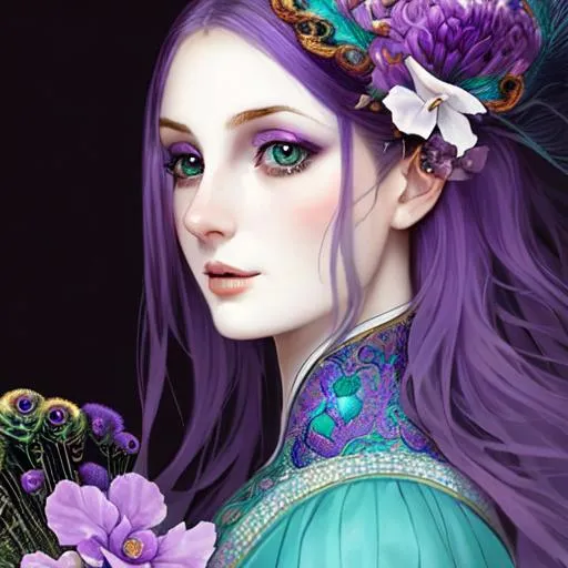 Prompt: dynamic composition of a pale skinned woman with hair of flowers and peacock plummage  of aqua and purple, ornate details,facial closeup