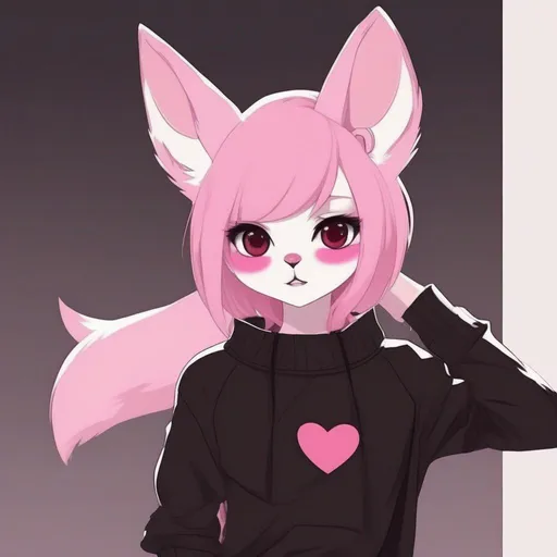 Prompt: Pink punk hair, pink fennec fox, black pink eyes, with a black eyepatch on the right eye with a pink heart shape, with pink cheeks, dark brown long sweater with sleeves, black pants with a black belt