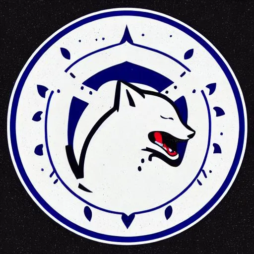 Prompt: Round family crest, depicting a side of a white fox howling upwards, and a roof of a temple, blue background