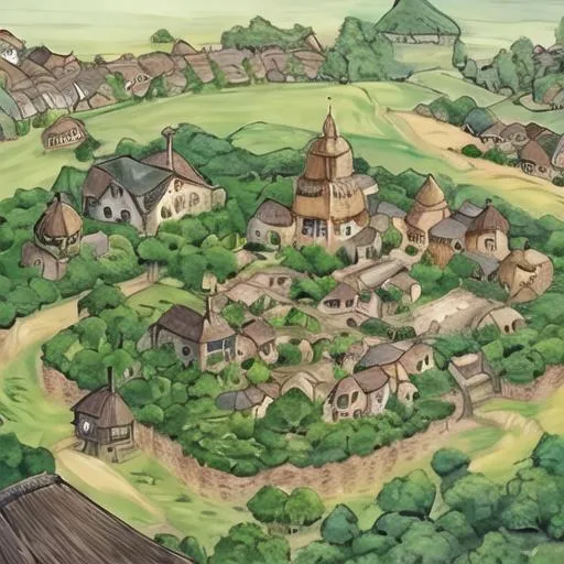 Prompt: medieval village sat between rolling hills and a green woodland. Dirt roads through its center. Thatched roofs line the houses with a small wooden temple in its center.