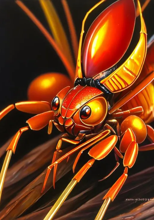 Prompt: UHD, , 8k,  oil painting, Anime,  Very detailed, zoomed out view of character, HD, High Quality, Anime, Pokemon, Paras is an orange, insectoid crab-like cicada Pokémon  Its ovoid body is segmented, and it has three pairs of legs. The foremost pair of legs is the largest and has sharp claws at the tips. There are five specks on its forehead and three teeth on either side of its mouth. It has circular eyes with large pseudo pupils.

Red-and-yellow mushrooms known as tochukaso grow on this Pokémon's back. The mushrooms can be removed at any time and grow from spores that are doused on this Pokémon's back at birth by the mushroom on its mother's back. Tochukaso are parasitic in nature, drawing their nutrients from the host Paras's body in order to grow and exerting some command over the Pokémon's actions. For example, Paras drains nutrients from tree roots due to commands from the mushrooms. Paras can often be found in caves. However, it can also thrive in damp forests.

Pokémon by Frank Frazetta