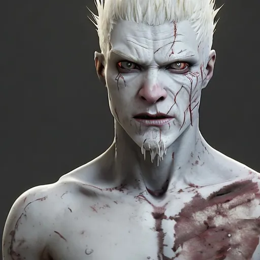 Prompt: male,albino man,shirtless,strong,menacing,30-year-old,pale,mercenary,short hair,medieval,tough,handsome,white hair,the slightest stubble,leather armor,pale scars,evil,scarred,antagonist,rough features