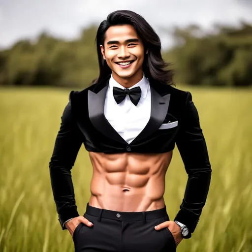 Prompt: an attractive long-haired 20-years old smiling man with a six pack abs wearing a crop top black long sleeve tuxedo, smiling at the camera, grass field , he has his hands on his hips 