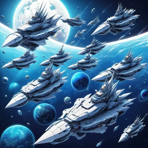 Prompt: Anime horde of huge sleek silver spacw battleships, in orbit of an azure planet, illustration