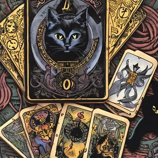 Prompt: Black cat, tarot cards, Ouija 