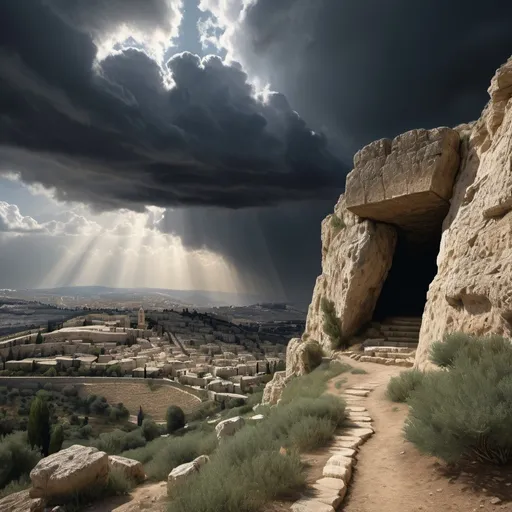 Prompt: Hyper realist, photorealistic, Sharp details, Very detailed, cave mouth view, outside Jerusalem hill, gentle slope in the near distance, 30 C.E., crucifixion scene, 3 men crucified at the brow of the hill, prominent Center cross, gathering storm clouds, historical, intense realism, dramatic lighting, highres, detailed landscape, realistic textures, realistic atmosphere