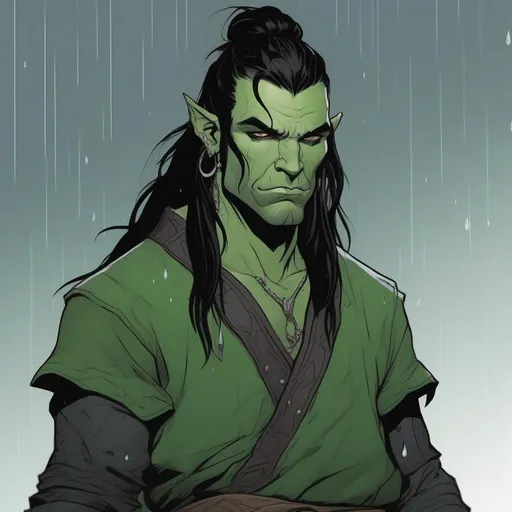 Prompt: dnd a male green half-orc sorcerer with long black hair in a half bun with black tattoos wearing simple black pants in the rain