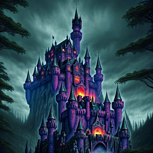 Prompt: a giant magical castle shaped like a skull, towering over the surrounding forest, photorealistic, ominous, deep colors