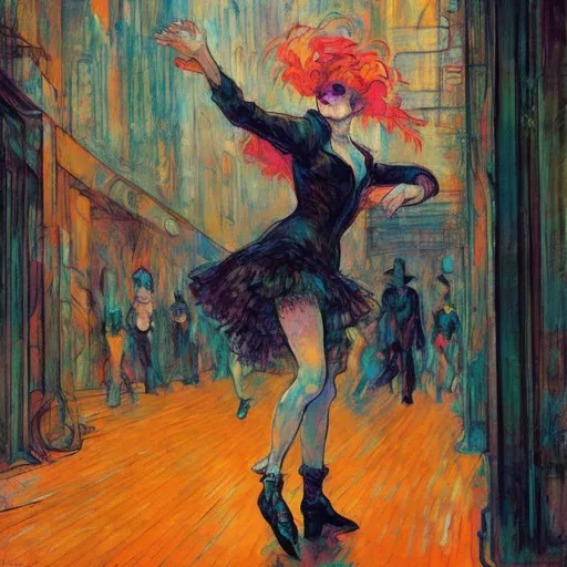 Prompt: jane avril dancing, cyberpunk, in the style of toulouse lautrec, cyberpunk, painting