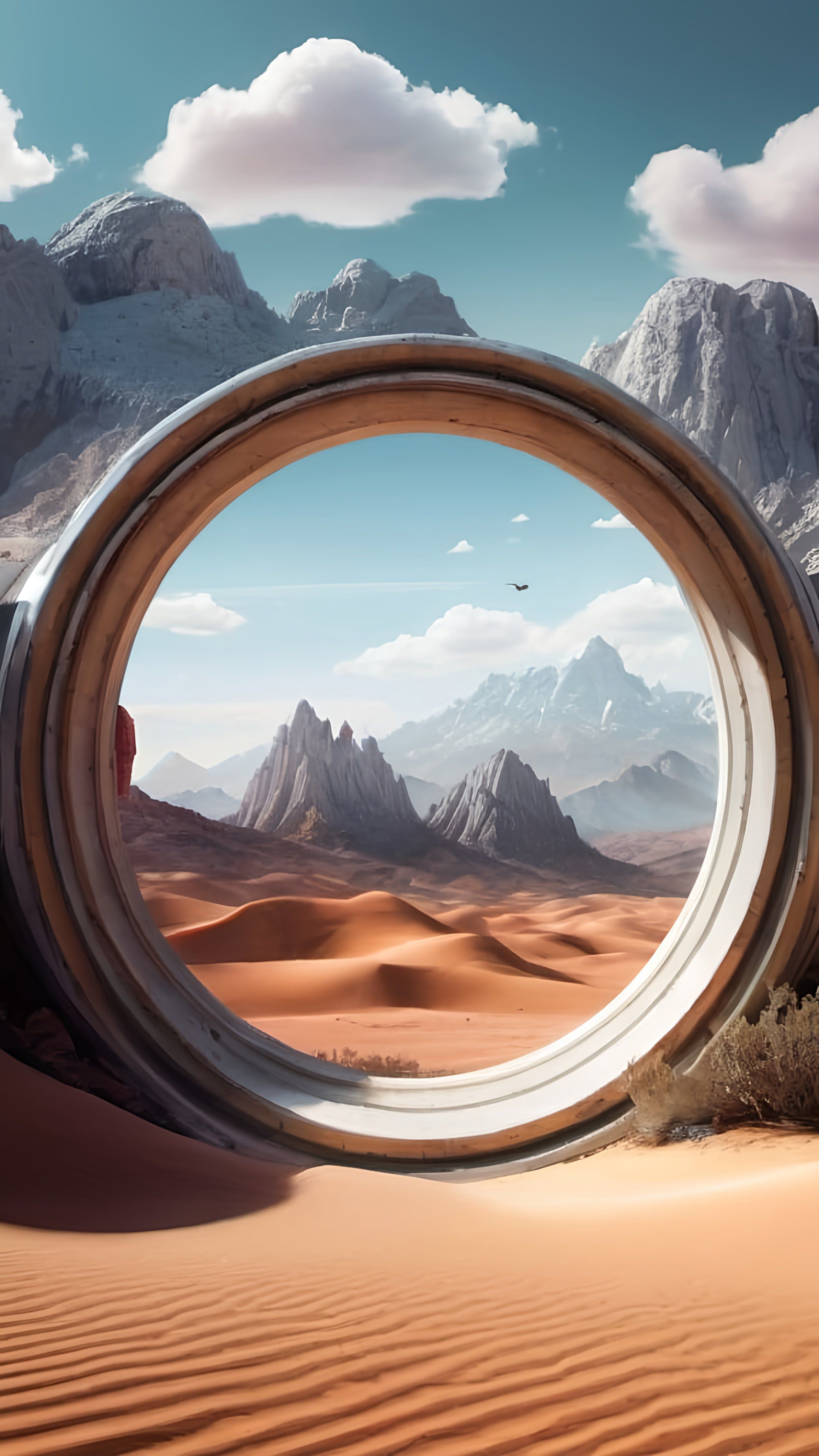 Prompt: a view of a desert through a round hole in the sand with mountains in the background and a bird flying in the sky, a detailed matte painting