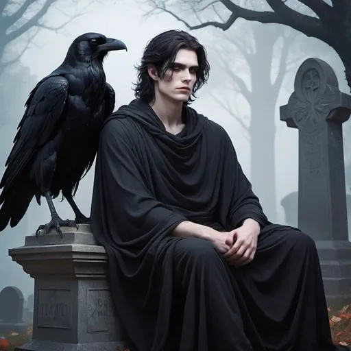 Prompt: Full body, Fantasy illustration of the male god of death and sleep, attractive, celestial and mysterious, pale skin-color, black disheveled hair, serious expression, dark hollow eyes, raven sitting on his shoulder, wearing a black toga, majestic pose, in a misty cemetery, vibrant colors