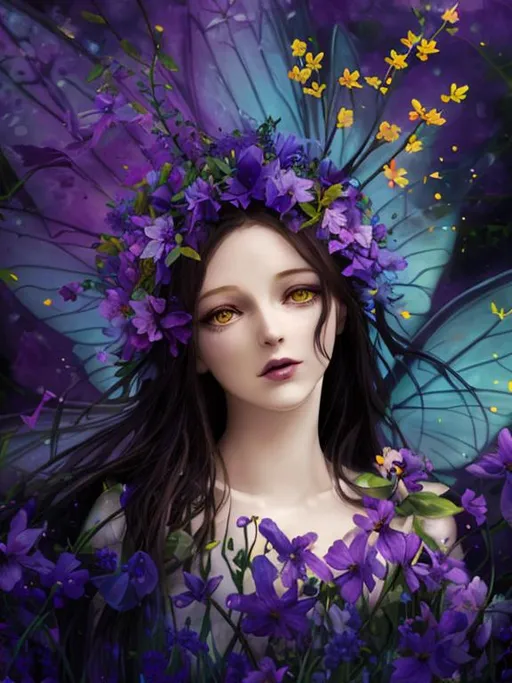 Prompt: fairy goddess of spring, pale skin,surrounded by vividly colored purple and yellow wildflowers,closeup