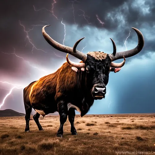Prompt: Mariah black bull with horns being hit by lighting. Chasing me done the road. Snorting water vapor.