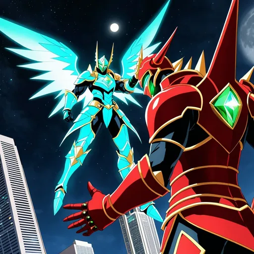 Prompt: anime, a rage powerful muscular all red spiked fully covered armor with golden spikes on his left forearm with a glowing green gem in his chest, standing at the edge of a skyscraper in Austin, he has a red gauntlet arm with a single glowing green jewel embedded into the top of the hand, 

 looking up at a separate person who has white armor being with pair of blue glowing wings with a blue gem in the sky against the moon