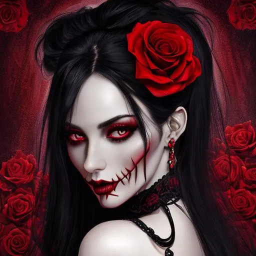 Prompt: evil, fantasy, UHD, 8k, high quality, hyper realism, Very detailed, portrait of an woman with a half-skull face, straight black hair with red roses entwined in it, and wearing a red dress in a dark background