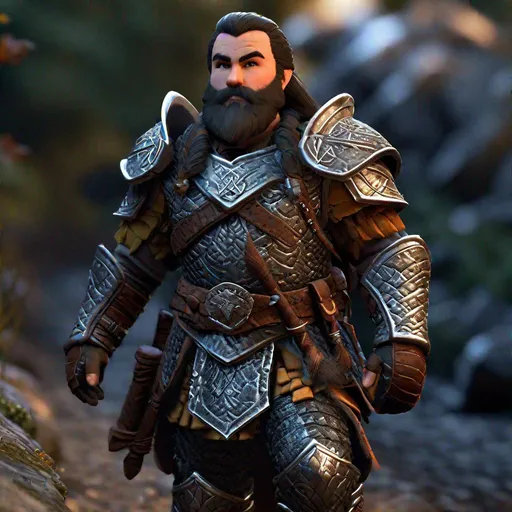 Prompt: D&D dwarf warrior, scale armor, dark hair,  walking down a trail, highly detailed, professional, render, Sharp focus, HD, UHD, HDR, hyper realistic