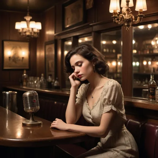 Prompt: In a vintage-inspired setting, a woman sits alone at a dimly lit bar, her expression thoughtful and introspective. The bar is adorned with old-fashioned decor, including antique mirrors, brass fixtures, and dimmed pendant lights that cast a warm glow.

She's dressed in timeless attire that reflects a blend of classic and contemporary styles, symbolizing the timelessness of the song's message. Her posture suggests a mix of strength and vulnerability, hinting at the complexities of love and relationships.

In the background, a jukebox plays softly, filling the air with the melancholic melody of "Seven Year Ache." The atmosphere is filled with a sense of nostalgia and longing, capturing the essence of the song's themes of love, loss, and reflection.