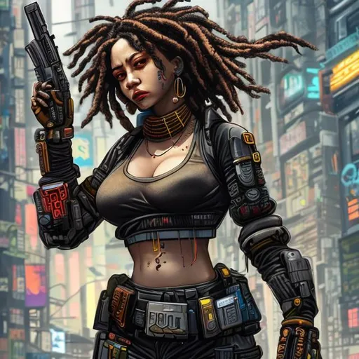 Prompt: large breasted cyberpunk female with dreadlocks and wielding a pistol