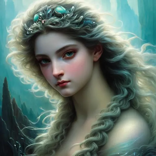 Prompt: Fantasy, Epic, Stunning, Spectacular, cinematic, 3D, HD, Beautiful!! {female}Sea Nymph, ultra detailed full body artistic photography,detailed gorgeous face, Beautiful big {moon-shaped}reflective eyes, long flowing turquoise hair, full moon background,  Gorgeous detailed face, shadows, , brush strokes, ultra sharp focus, William-Adolphe Bouguereau, matte painting movie poster, silver ratio, epic, intricate, cinematic character render, hyper realistic, 64K 