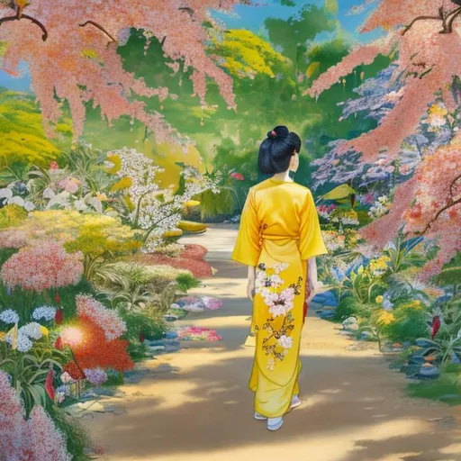 Prompt: A painting of Japanese woman in silky  yellow dress, walking around the garden, multicolor flowers are covering the whole ground, cherries are in bloom, morning sun rays splashing around the garden. 